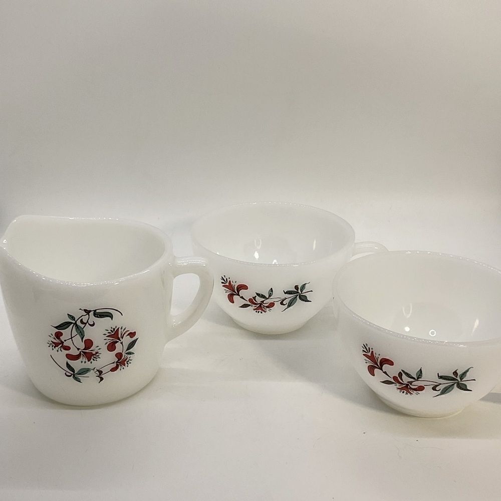 Vintage Fire King Milk Glass Honeysuckle Creamer and 2 Cups